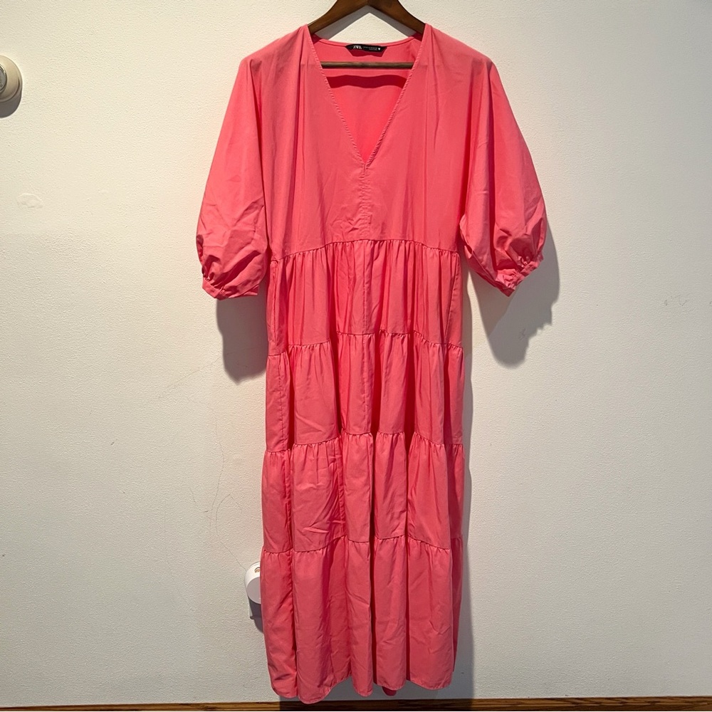 Zara Pink Tiered Poplin VNeck Oversized Maxi Dress Puff Sleeve Size XS - Picture 2 of 12